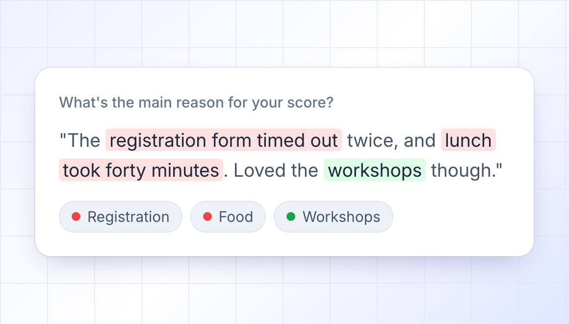 One answer, read: "registration form timed out" and "lunch took forty minutes" marked as complaints, "workshops" as praise, giving the themes Registration, Food and Workshops